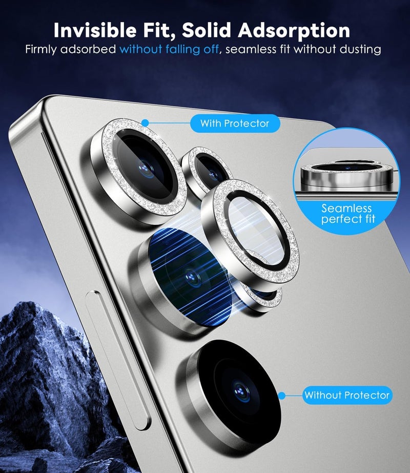 CloudValley حامي عدسة كاميرا سامسونج جالكسي S25 ألترا بتصميم لامع، زجاج مقسى 9H + حلقة حماية عدسة من سبائك الألمنيوم [زخرفة لامعة] غطاء زجاج مقسى بدقة فائقة، لامع بلاتينيوم أبيض فضي - Image 4